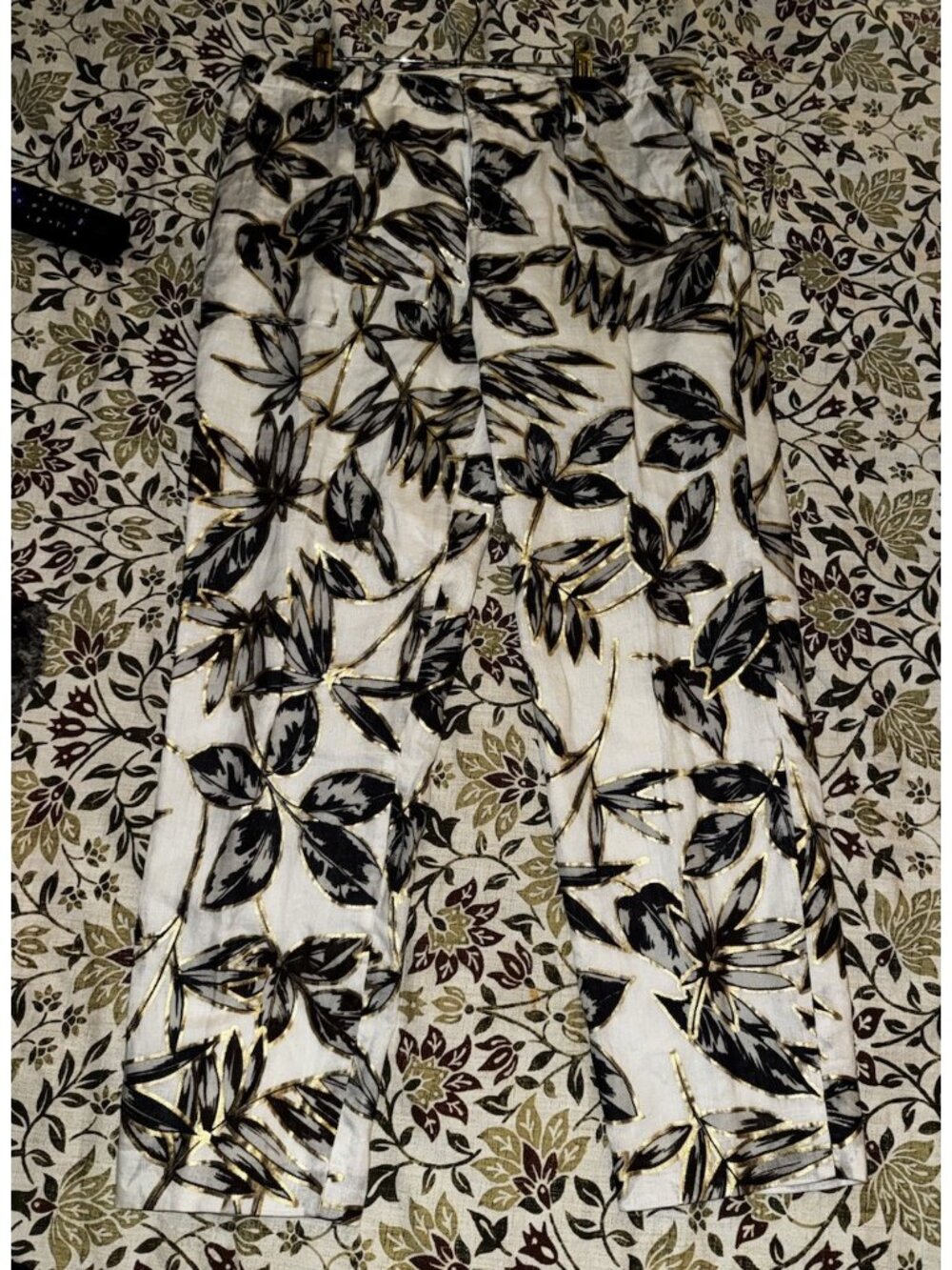 J. Crew Women's 100% Linen White Black Gold Foil Leaf Print 100% Cotton Pants 8